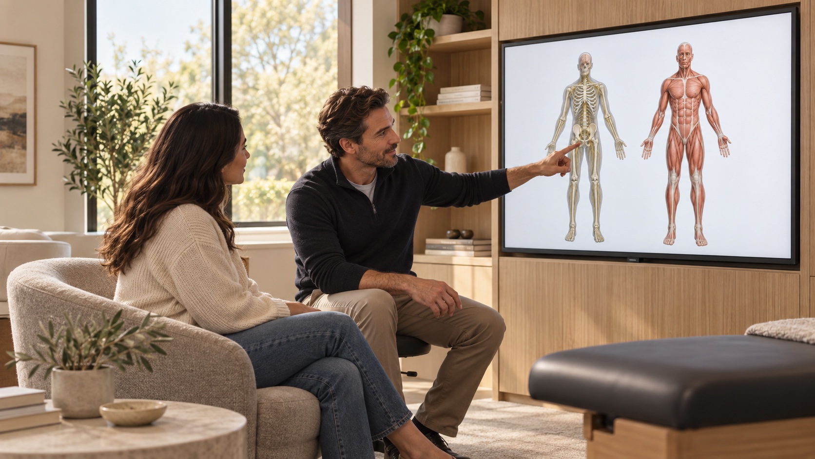 A clinician and patient discussing skeleton and muscle anatomy on a large screen in a warm, modern chiropractic consultation room.